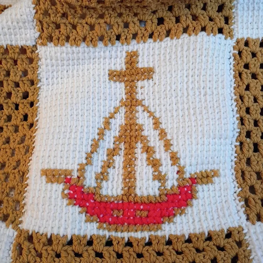 Handmade Crochet Afghan Blanket 64x49 Religious Christian Catholic Gold White